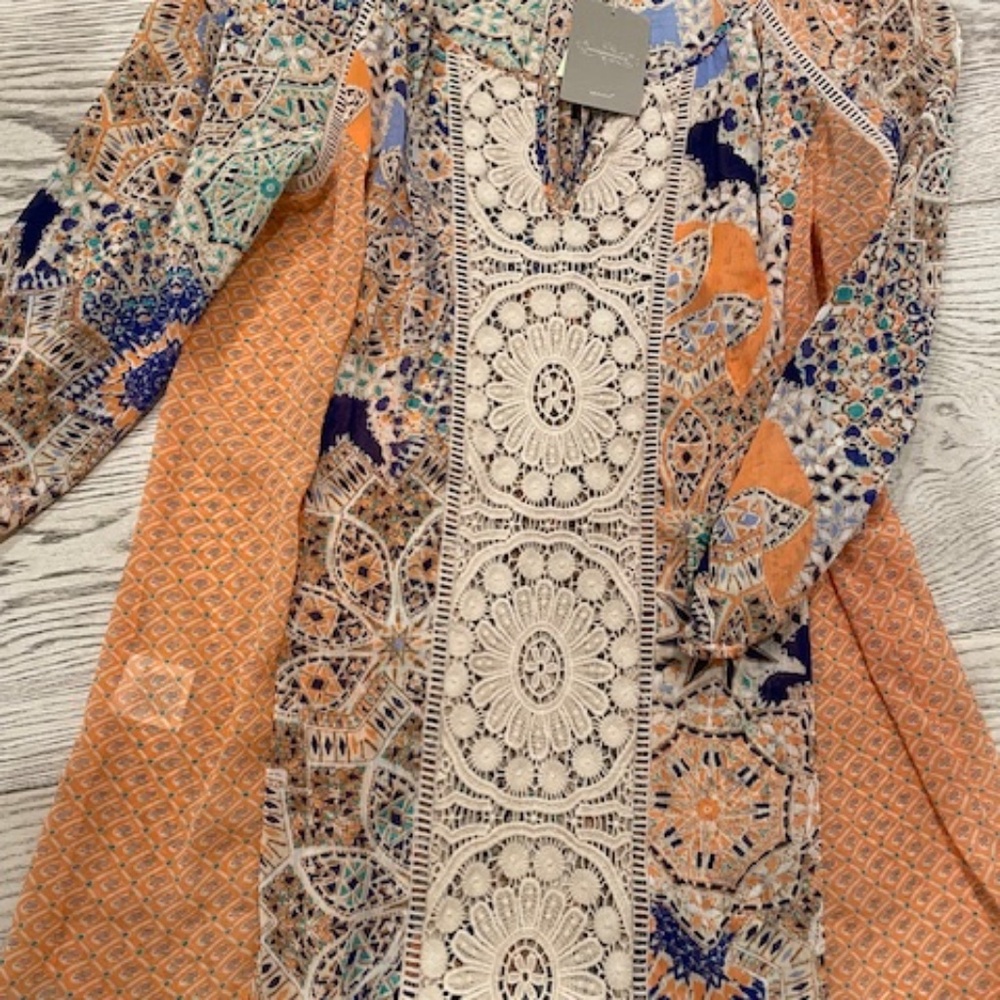 Anthropologie Orange Blue Cream Crochet-Panel Boho Printed Blouse